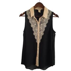Love on Tap Black Ivory Button Down Blouse‎ Women M Lace Classy Coquette